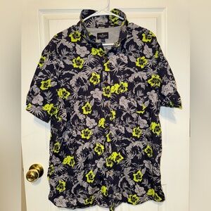 American Eagle Mens Shirt XXL Navy Lime Floral Short Sleeve Slim Fit Button Up